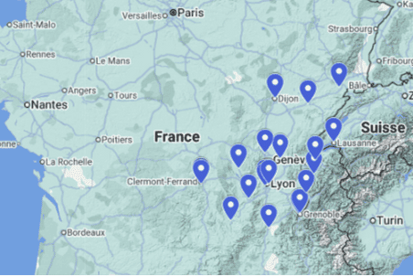 Localisation sur une carte des centres membres de l'APHCRA : Clermont-Ferrand, Lyon, Genève, Dijon, Grenoble, Lausanne, etc.